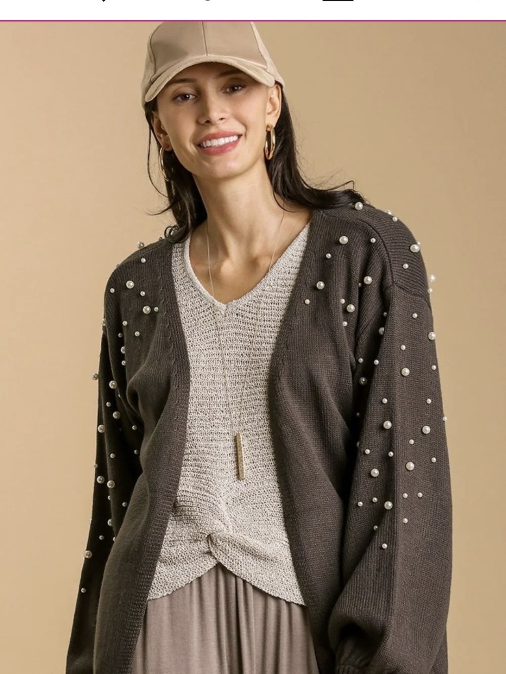 Umgee Pearl-Embellished Charcoal Open Cardigan Sweater Large